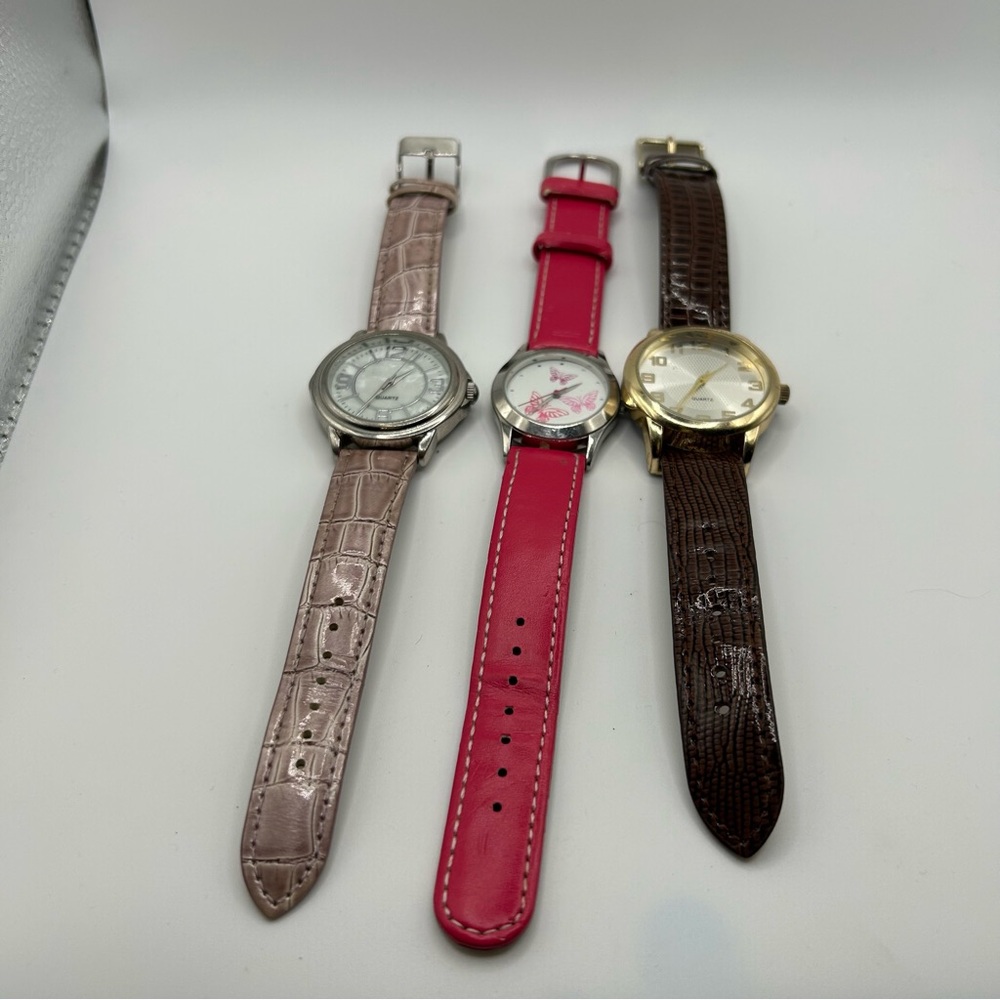 Set of Three Women's Fashion Watches - Pink, Tan & Brown Straps